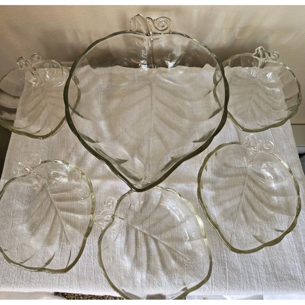 Vintage Clear Pressed Glass Leaf Bowl Set Large Serving Bowl & 5 Dessert Bowls
